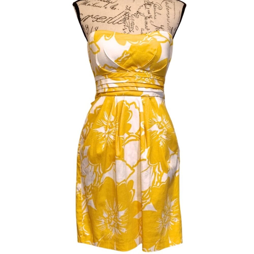 Snap Sunshine Yellow Floral Strapless Dress 13 Bow Pockets Spring PartyTwee‎